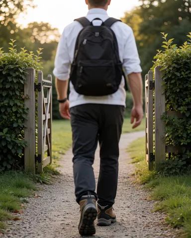 Une personne portant un sac à dos et des bottes de randonnée marche sur un sentier de gravier vers une porte en bois à la lumière du coucher de soleil.