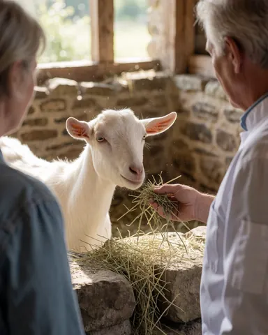 Une cliente tend du foin frais à un agneau blanc dans une clôture en pierre, sous une lumière naturelle, dans un hébergement rural.