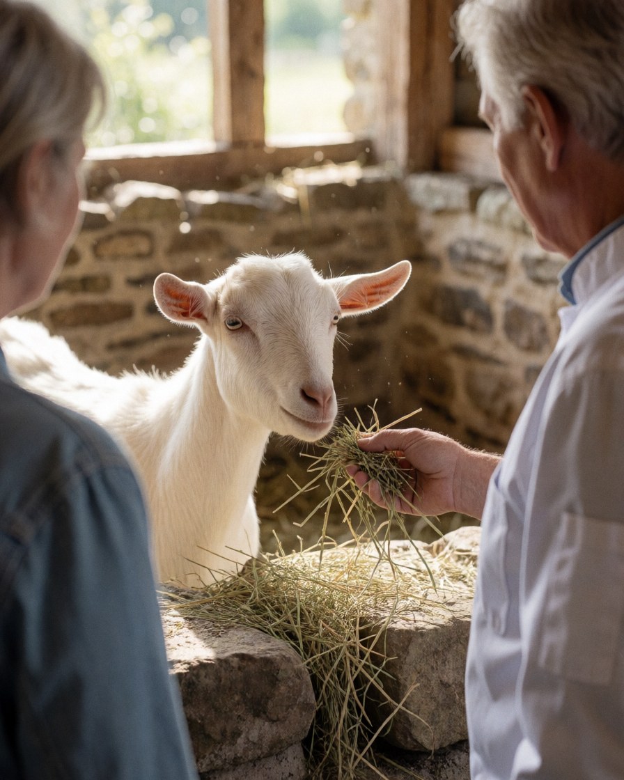 Une cliente tend du foin frais à un agneau blanc dans une clôture en pierre, sous une lumière naturelle, dans un hébergement rural.