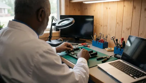 Un technicien répare une carte électronique avec une loupe et des outils dans un atelier professionnel bien éclairé, entouré d'un téléviseur et d'un ordinateur portable.