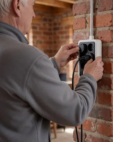 Un technicien examine un équipement de charge et ses câbles dans un refuge en briques, assurant la sécurité électrique.