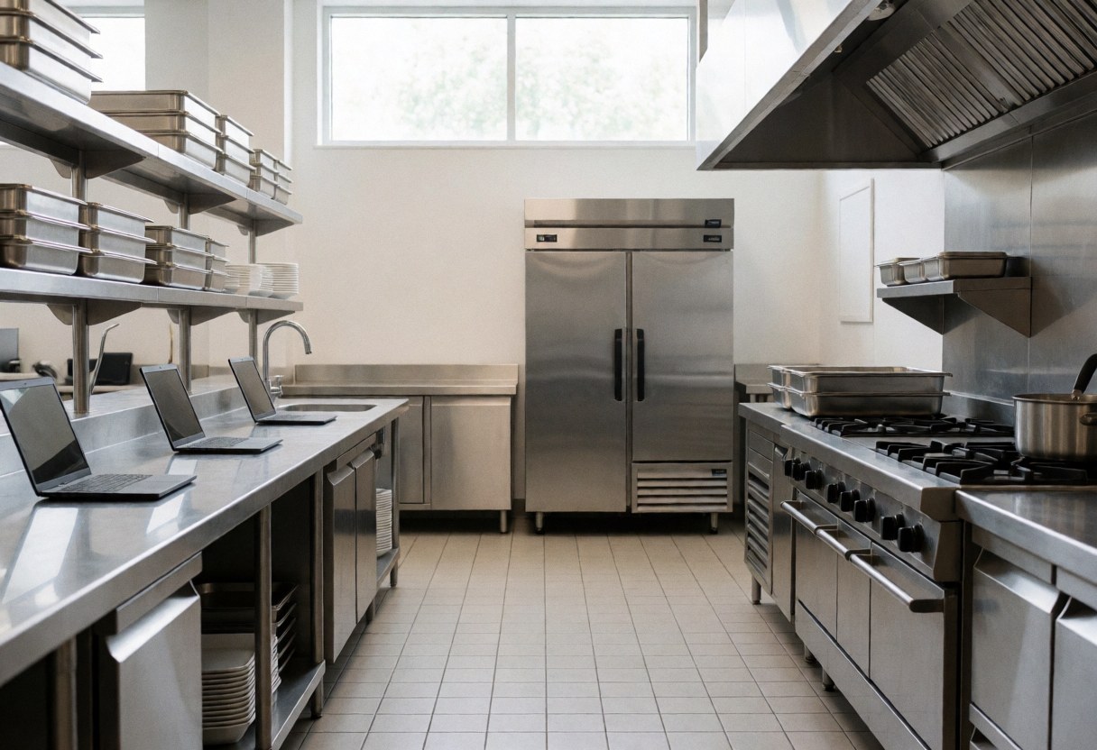 Cuisine professionnelle équipée de plaques de cuisson, réfrigérateur et étagères métalliques, prête pour la préparation et le service d'événements.