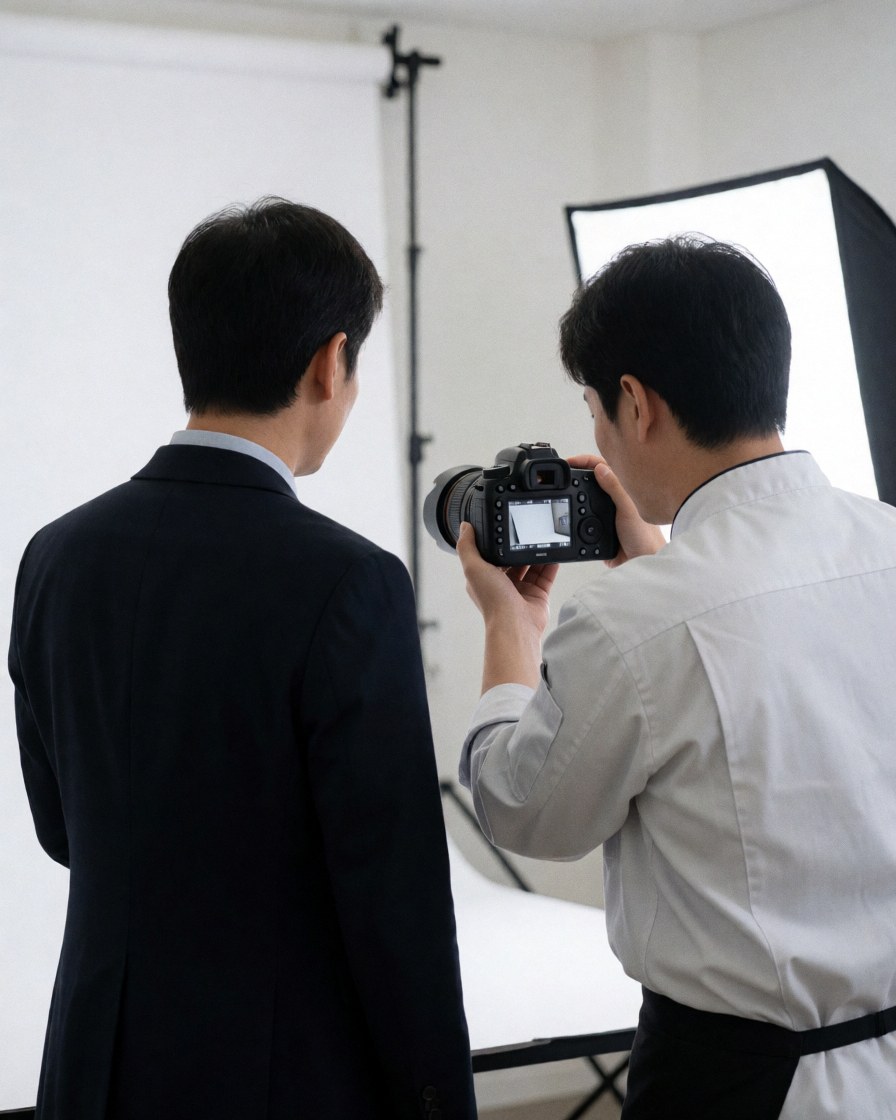Photographe professionnel tenant un appareil photo reflex numérique et montrant l'image capturée à un client dans un studio avec fond blanc et réflecteur noir.