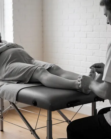 Thérapeute effectuant une séance de réflexologie sur le pied d'une cliente enceinte allongée sur une table de soin dans un espace lumineux.