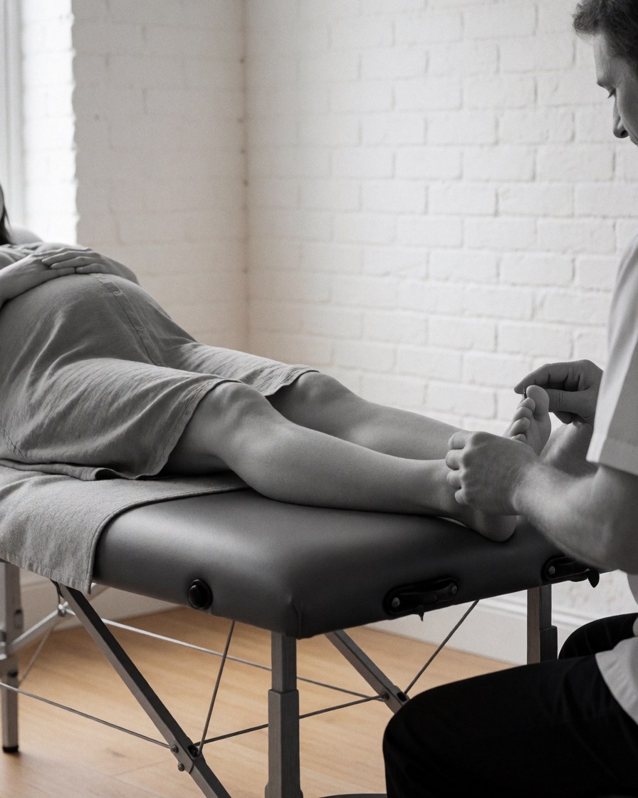 Thérapeute effectuant une séance de réflexologie sur le pied d'une cliente enceinte allongée sur une table de soin dans un espace lumineux.