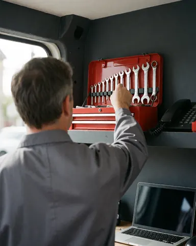 Technicien saisissant une clé dans sa boîte à outils rouge posée sur le camion, accompagné d'un ordinateur portable et d'un téléphone, dans un contexte de réparation d'équipements.