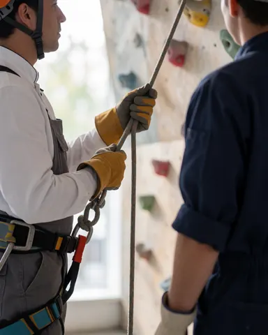 Un travailleur portant un casque et un harnais manipule une corde sur un mur d'escalade intérieur avec des prises colorées dans un parc d'aventure.