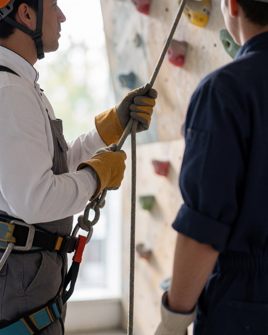 Un travailleur portant un casque et un harnais manipule une corde sur un mur d'escalade intérieur avec des prises colorées dans un parc d'aventure.