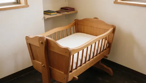 Cradle en bois restauré avec matelas blanc dans un atelier aux murs clairs et fenêtres, idéal pour la réparation de meubles anciens.