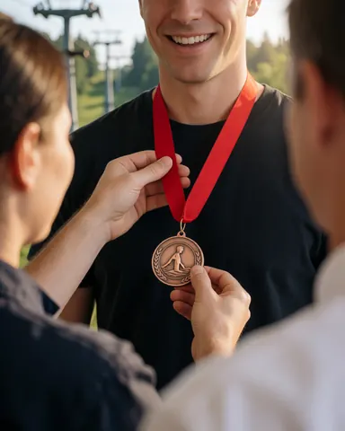 Un client souriant reçoit une médaille de bronze sur un ruban rouge lors d'une activité dans un parc d'aventure avec des arbres en arrière-plan.