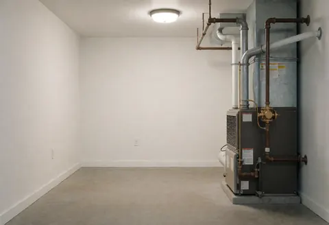 Chaudière équipée de tuyaux de gaz et d'un régulateur en bronze dans une pièce de chauffage vide aux murs blancs et au sol en béton, propre et bien éclairée.