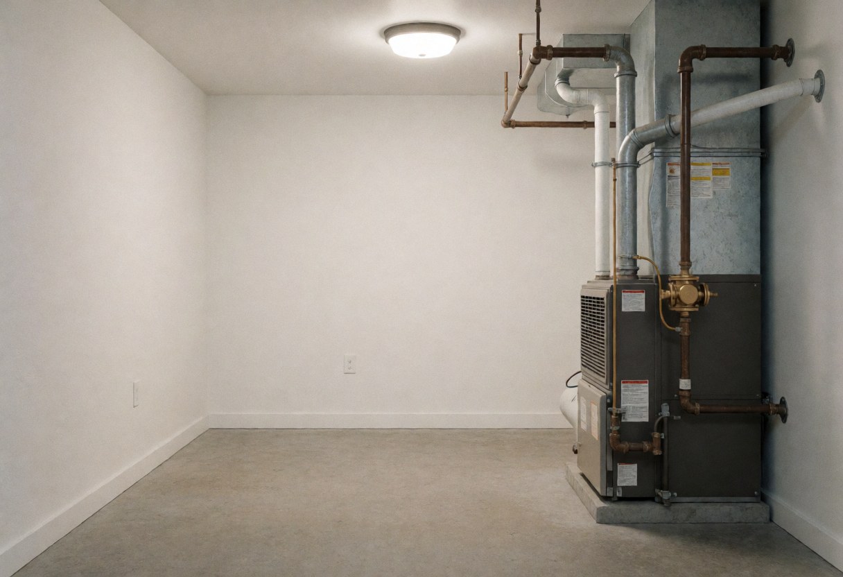 Chaudière équipée de tuyaux de gaz et d'un régulateur en bronze dans une pièce de chauffage vide aux murs blancs et au sol en béton, propre et bien éclairée.