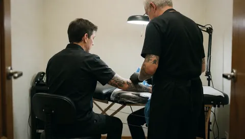 Un tatoueur portant des gants applique un tatouage sur le bras d'un client assis sur une chaise ajustable, éclairé par une lampe de travail dans un espace propre.