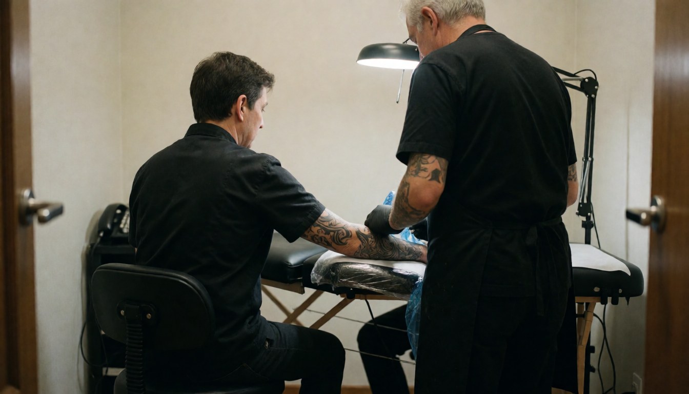 Un tatoueur portant des gants applique un tatouage sur le bras d'un client assis sur une chaise ajustable, éclairé par une lampe de travail dans un espace propre.