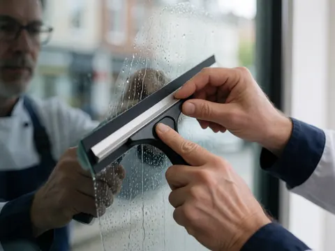 Un ouvrier nettoie une vitrine avec une raclette, laissant une trace sèche et des reflets de la rue sur le verre humide.