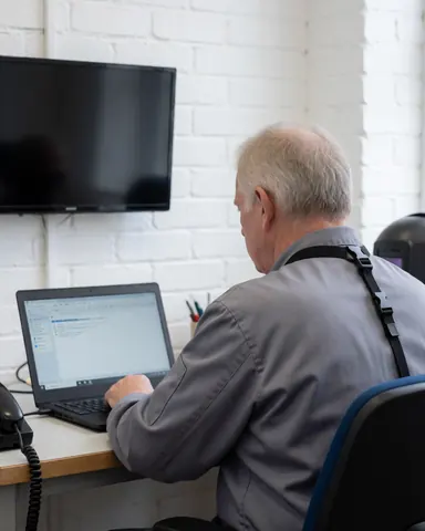 Technicien de réparation de téléviseurs avec un équipement antistatique, travaillant sur un ordinateur portable dans un atelier avec un mur de briques blanches.