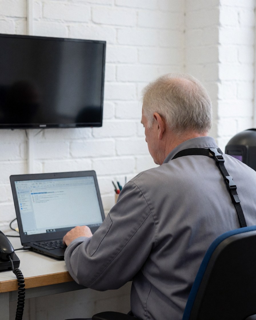 Technicien de réparation de téléviseurs avec un équipement antistatique, travaillant sur un ordinateur portable dans un atelier avec un mur de briques blanches.