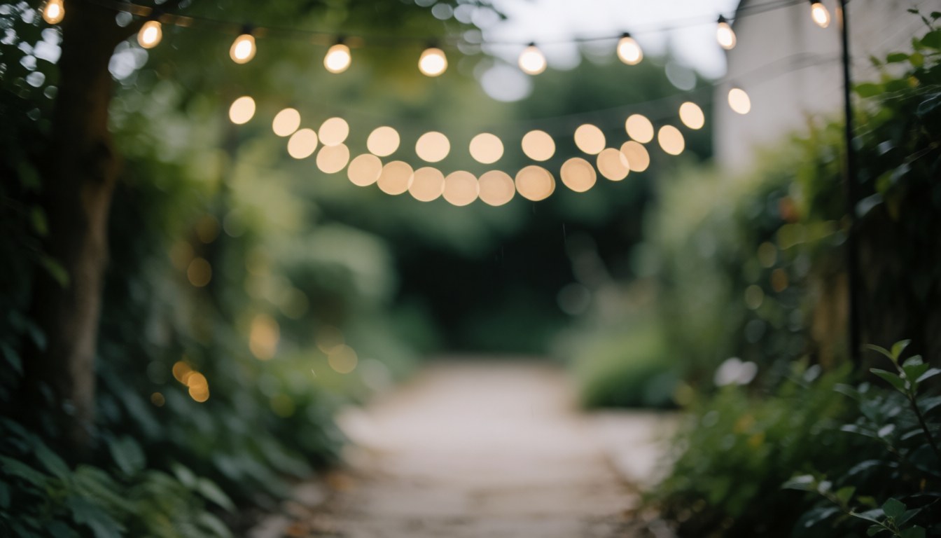Allée de jardin bordée de végétation et de guirlandes lumineuses créant un bokeh romantique, idéal comme arrière-plan pour un photographe de mariage