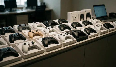 Manettes de jeu vidéo neuves dans leurs boîtes d'origine posées sur une étagère, avec un arrière-plan de bureau flou, idéal pour illustrer la réparation de consoles.