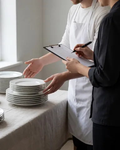 Deux professionnels coordonnent la logistique avec des assiettes blanches empilées sur une table couverte d'une nappe en lin dans une cuisine lumineuse.