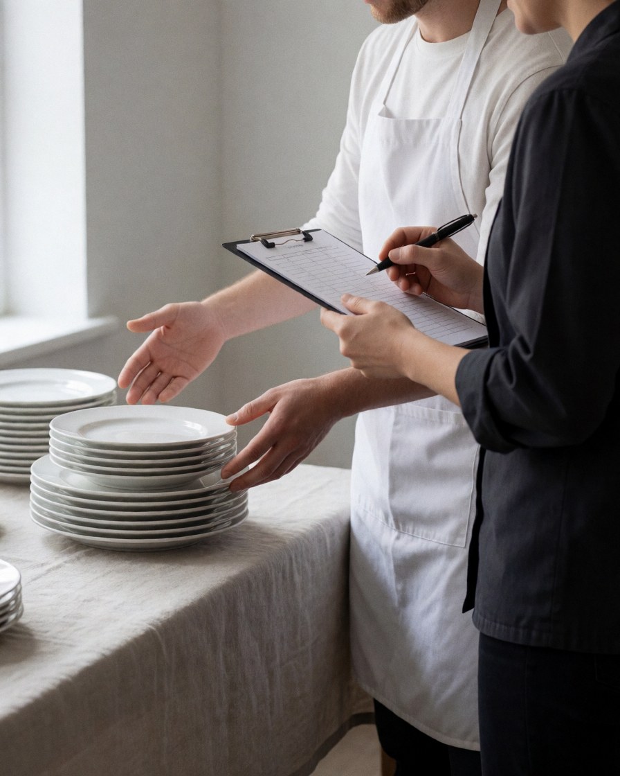 Deux professionnels coordonnent la logistique avec des assiettes blanches empilées sur une table couverte d'une nappe en lin dans une cuisine lumineuse.