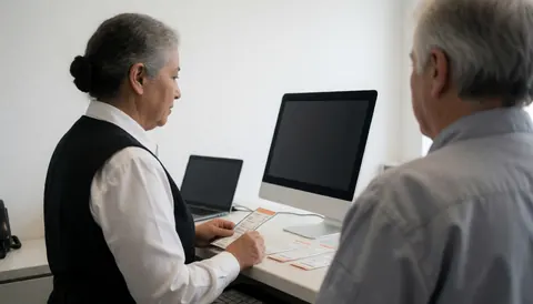 Un agent de tourisme émet des billets pour un client dans un bureau propre avec un ordinateur et des tickets imprimés.