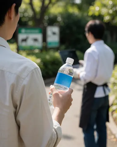 Un visiteur marche sur un sentier du zoo en tenant une bouteille d'eau, avec des panneaux signalétiques d'animaux visibles en arrière-plan dans un cadre verdoyant.