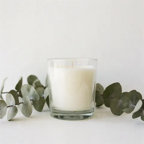 Bougie dans un pot en verre blanc avec des feuilles d'eucalyptus sur fond blanc, idéale pour un atelier de bricolage et de décoration.