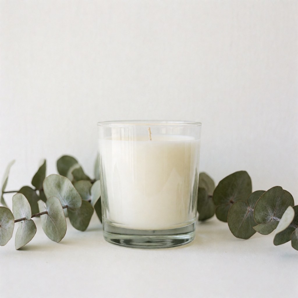Bougie dans un pot en verre blanc avec des feuilles d'eucalyptus sur fond blanc, idéale pour un atelier de bricolage et de décoration.