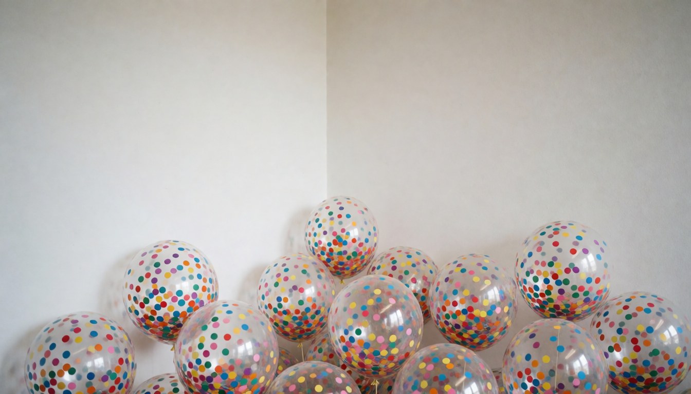 Ballons transparents remplis de confettis multicolores disposés dans un coin d'une pièce blanche, créant une ambiance festive et lumineuse pour la décoration d'événements.