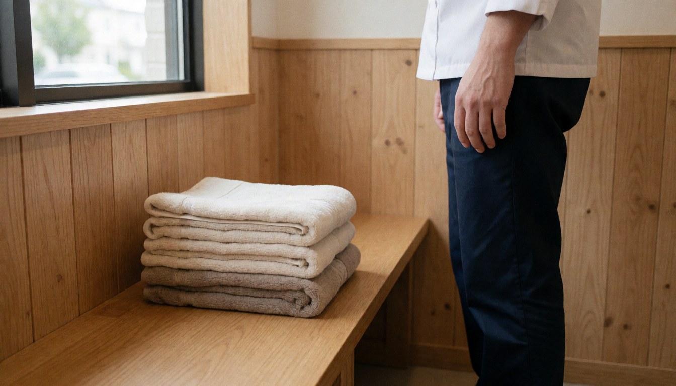 Serviettes blanches soigneusement empilées sur un banc en bois dans un vestiaire propre avec panneaux de bois et lumière naturelle, idéal pour un spa ou une clinique.