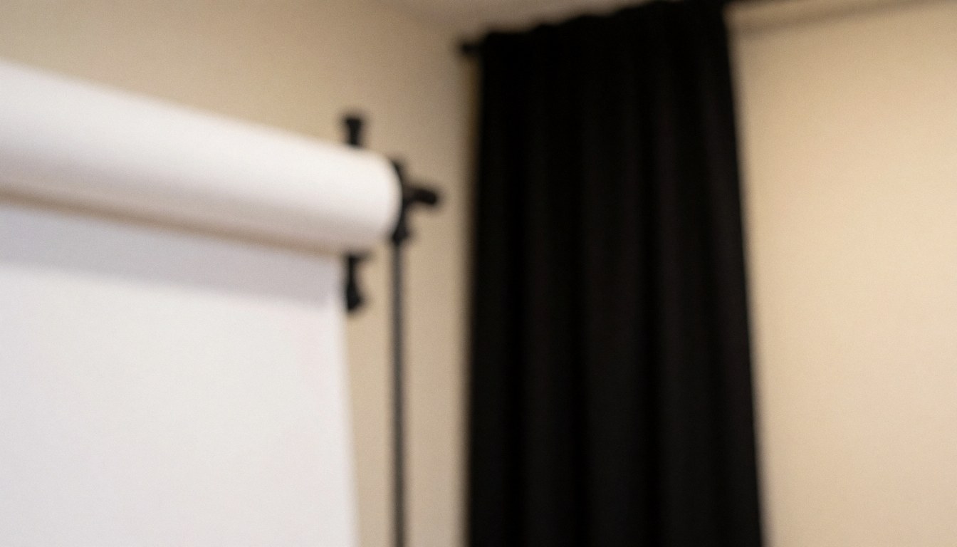 Fond studio professionnel avec papier blanc déployé et rideau noir, idéal pour textes et design graphique.