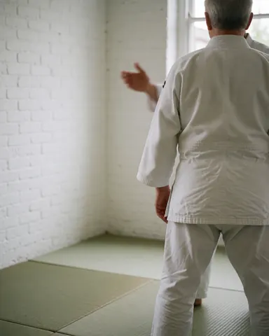 Un adulte portant un gi blanc pratique les arts martiaux dans un dojo aux murs blancs et au sol matelassé, sous la supervision d'un instructeur.