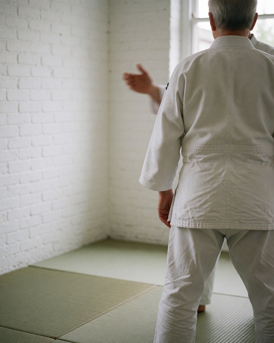 Un adulte portant un gi blanc pratique les arts martiaux dans un dojo aux murs blancs et au sol matelassé, sous la supervision d'un instructeur.