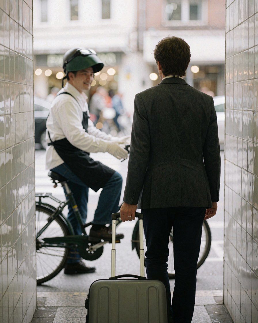 Une cliente portant une valse s'approche d'un vélo-taxi. Le conducteur, casqué, lui fait un signe de bienvenue. Le décor présente des murs carrelés de blanc.