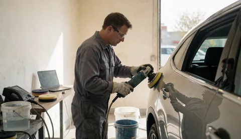 Un technicien en carrosserie automobile utilise une ponceuse électrique sur un véhicule dans un atelier bien éclairé, avec des seaux d'eau et des murs clairs en arrière-plan.