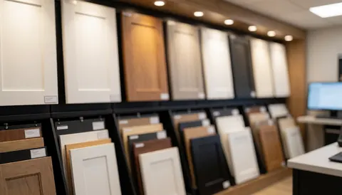 Showroom de cuisine présentant des échantillons de portes en finitions blanches et bois, éclairage chaleureux et espace réservé au texte.