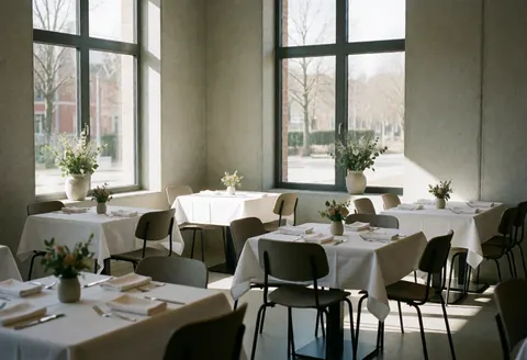 Petit-déjeuner dans un gîte avec des tables dressées et la lumière naturelle entrant par de grandes fenêtres sur des murs en béton.