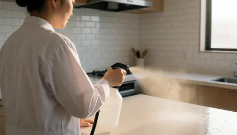 Un agent de nettoyage professionnel désinfecte une cuisine avec des carreaux blancs et une lumière naturelle matinale, idéal pour les services de nettoyage.
