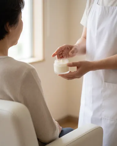 Une thérapeute en tablier blanc tient un récipient de crème devant une cliente assise dans un salon lumineux aux murs beige.