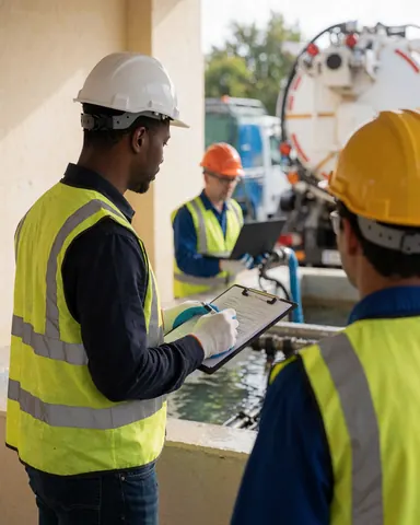 Un ouvrier en tenue de sécurité examine un document à côté d'un grand réservoir de traitement des eaux avec un camion en arrière-plan.