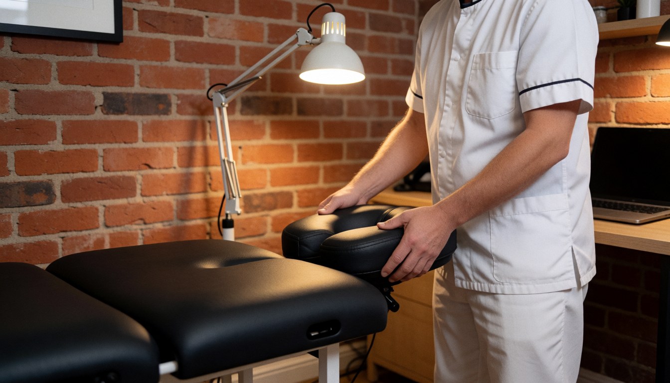 Un thérapeute en uniforme blanc ajuste la tête d'une table de massage noire dans un studio avec un mur de briques rouges et un éclairage professionnel.