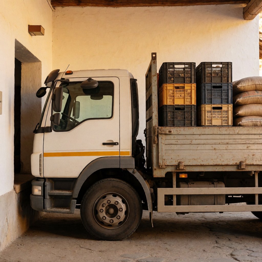 Camion blanc chargé de cartons et sacs posés sur son plateau, stationné sur un quai en pierre avec une lumière dorée, adapté au transport et à la logistique en zone rurée.