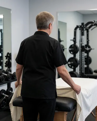 Un thérapeute prépare une table de massage dans un gymnèse professionnel avec des poids et des miroirs, dans un environnement propre et industriel.