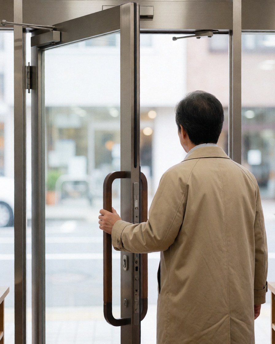 Une cliente pousse une porte en verre avec un cadre métallique sur fond urbain flou, idéale pour un service d'installation de portes.