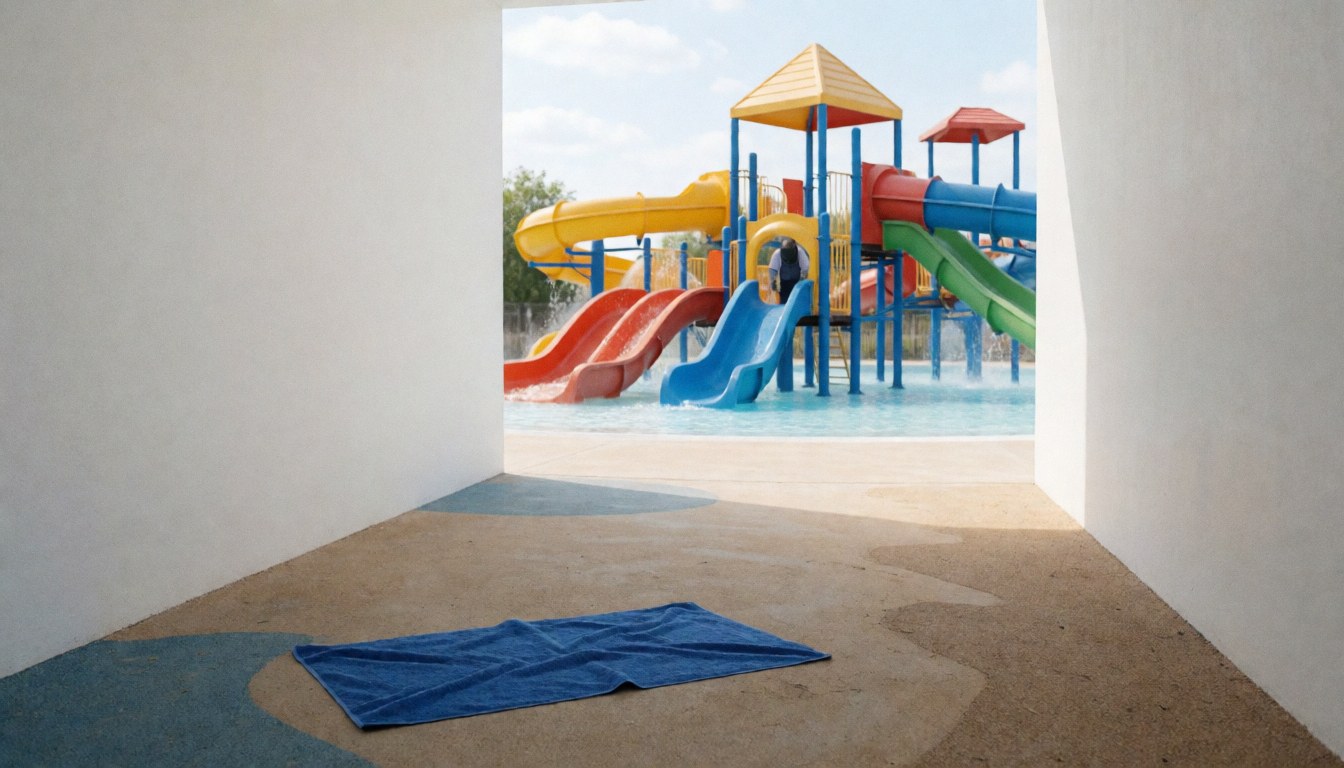 Une serviette bleue sur le sol d'un parc aquatique avec des toboggans colorés et une personne en arrière-plan.