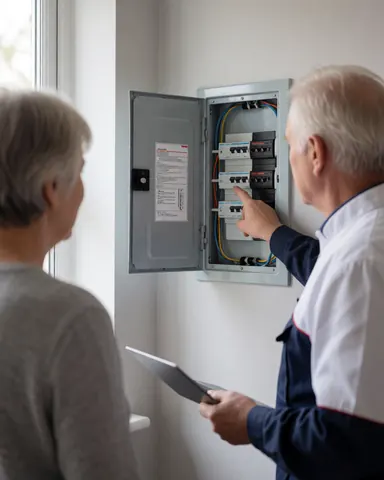 Électricien en uniforme expliquant le tableau électrique avec des interrupteurs à un client âgé près d'une fenêtre.
