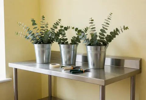 Table de travail en acier inoxydable dans une fleuristerie avec trois pots d'eucalyptus, des ciseaux et du ruban floral, murs jaunes clairs.