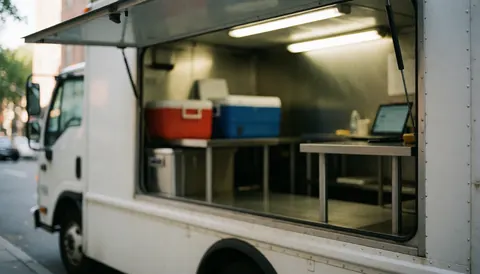 Camion blanc de restauration avec guichet ouvert, caisses rouges et bleues, tables en acier et éclairage LED intérieur, idéal pour fond de texte.