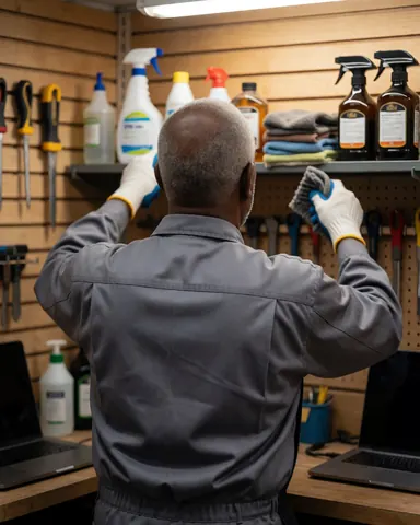 Un menuisier range des produits d'entretien sur une étagère dans son atelier, avec des outils suspendus et son uniforme de travail.